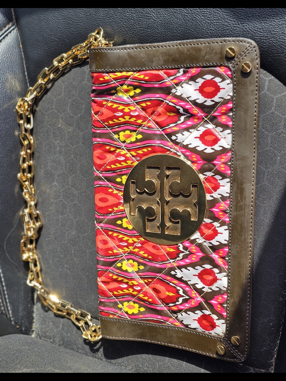 Tory Burch Red Pink Ikat Quilted Chain Clutch with Gold Logo
